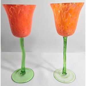Royal Danube Confetti Tulip Wine Water Goblet Orange Handblown Art Glass 10 oz